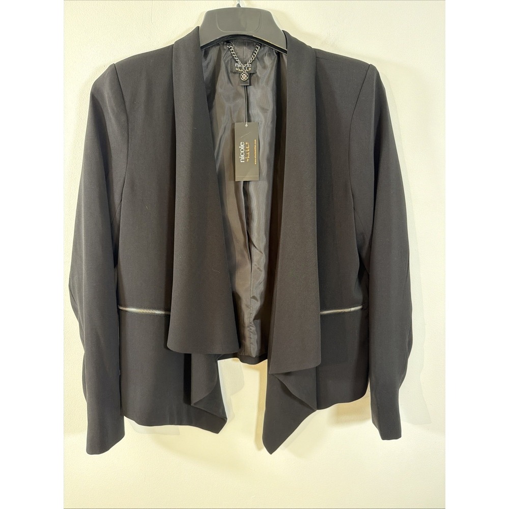 Nicole by Nicole Miller Black Woven Zipper Pocket Blazer Jacket Small NWT Drapey
